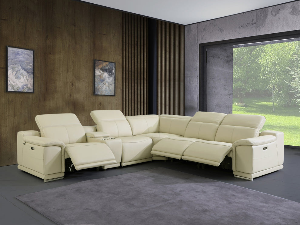 Beige Italian Leather Power Reclining L Shaped Six Piece Corner Sectional With Console By Homeroots | Sectional | Modishstore - 9
