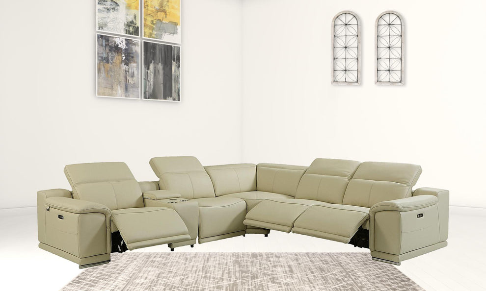 Beige Italian Leather Power Reclining L Shaped Six Piece Corner Sectional With Console By Homeroots | Sectional | Modishstore - 5