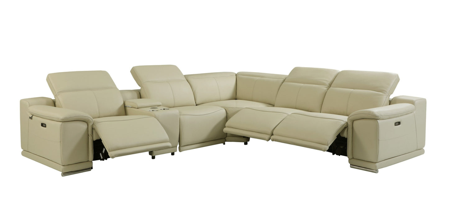 Beige Italian Leather Power Reclining L Shaped Six Piece Corner Sectional With Console By Homeroots
