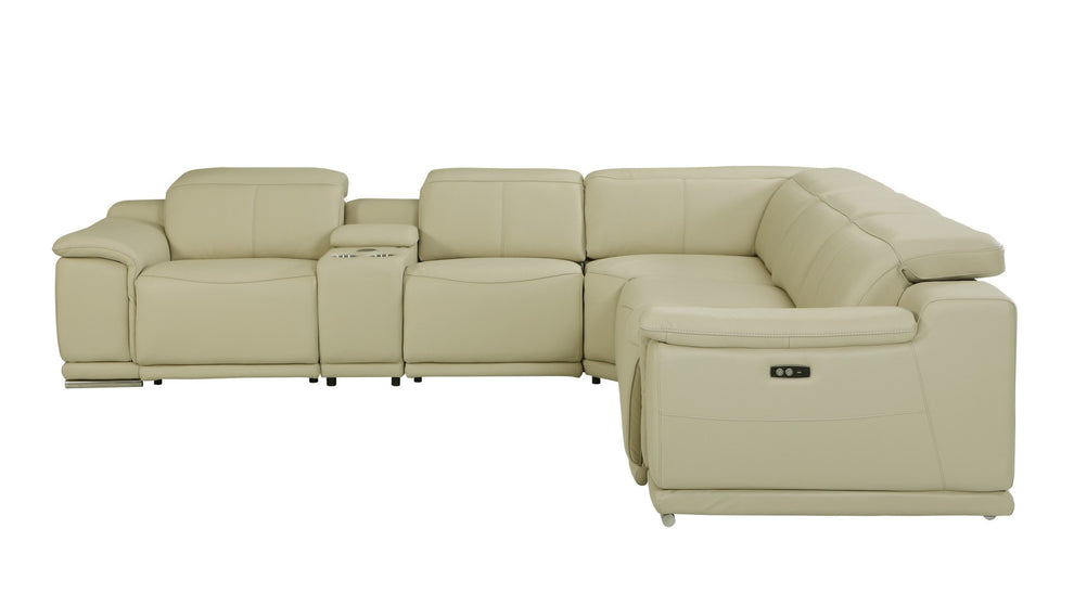 Beige Italian Leather Power Reclining L Shaped Six Piece Corner Sectional With Console By Homeroots | Sectional | Modishstore - 3