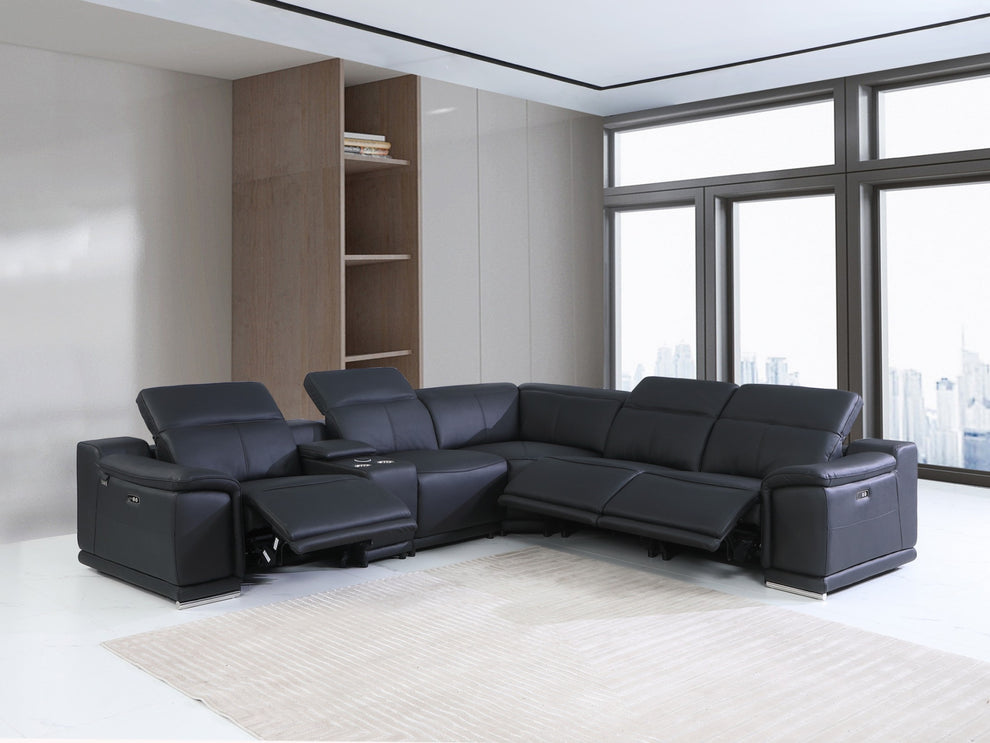 Black Italian Leather Power Reclining L Shaped Six Piece Corner Sectional With Console By Homeroots | Sectional | Modishstore - 9