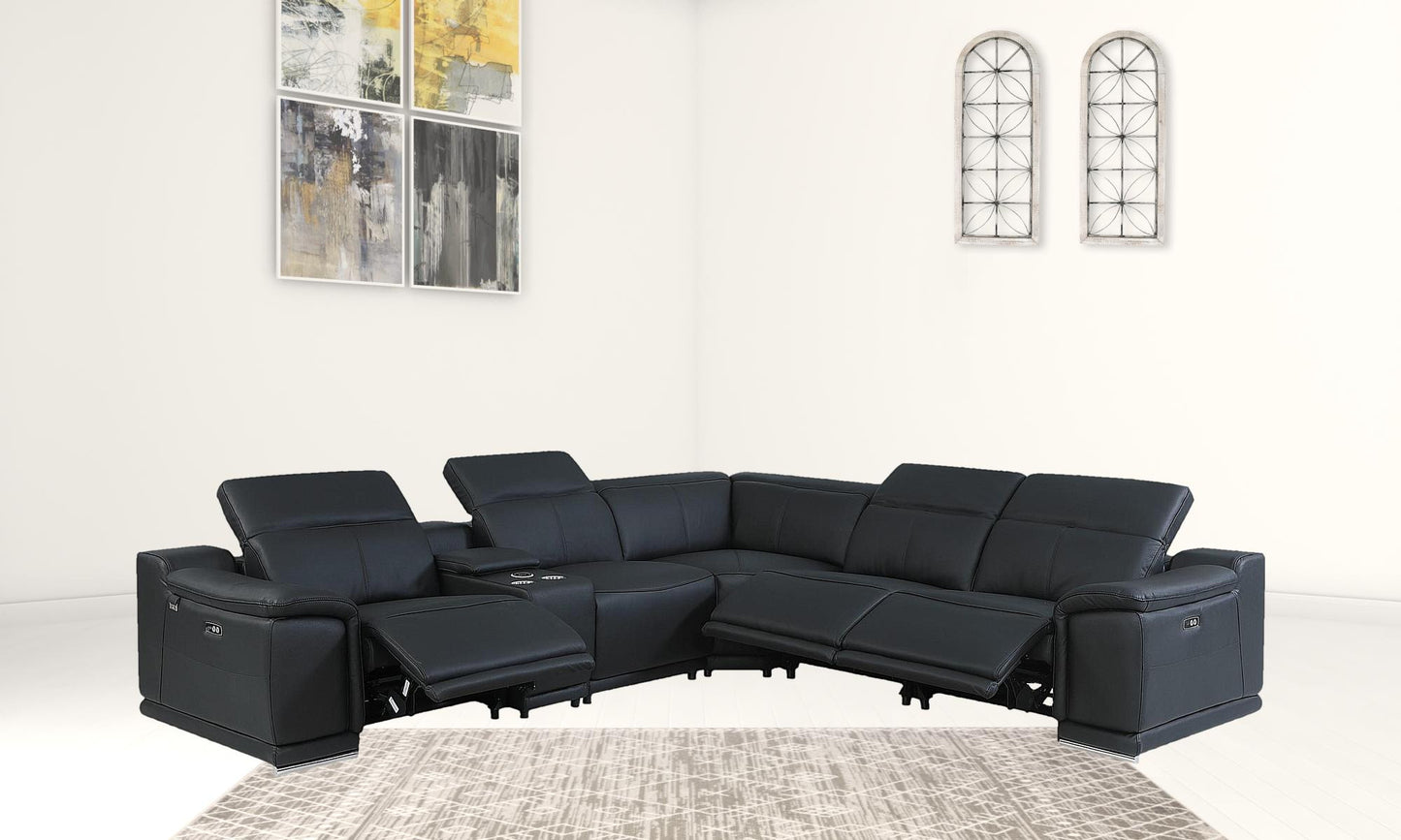 Black Italian Leather Power Reclining L Shaped Six Piece Corner Sectional With Console By Homeroots | Sectional | Modishstore - 3