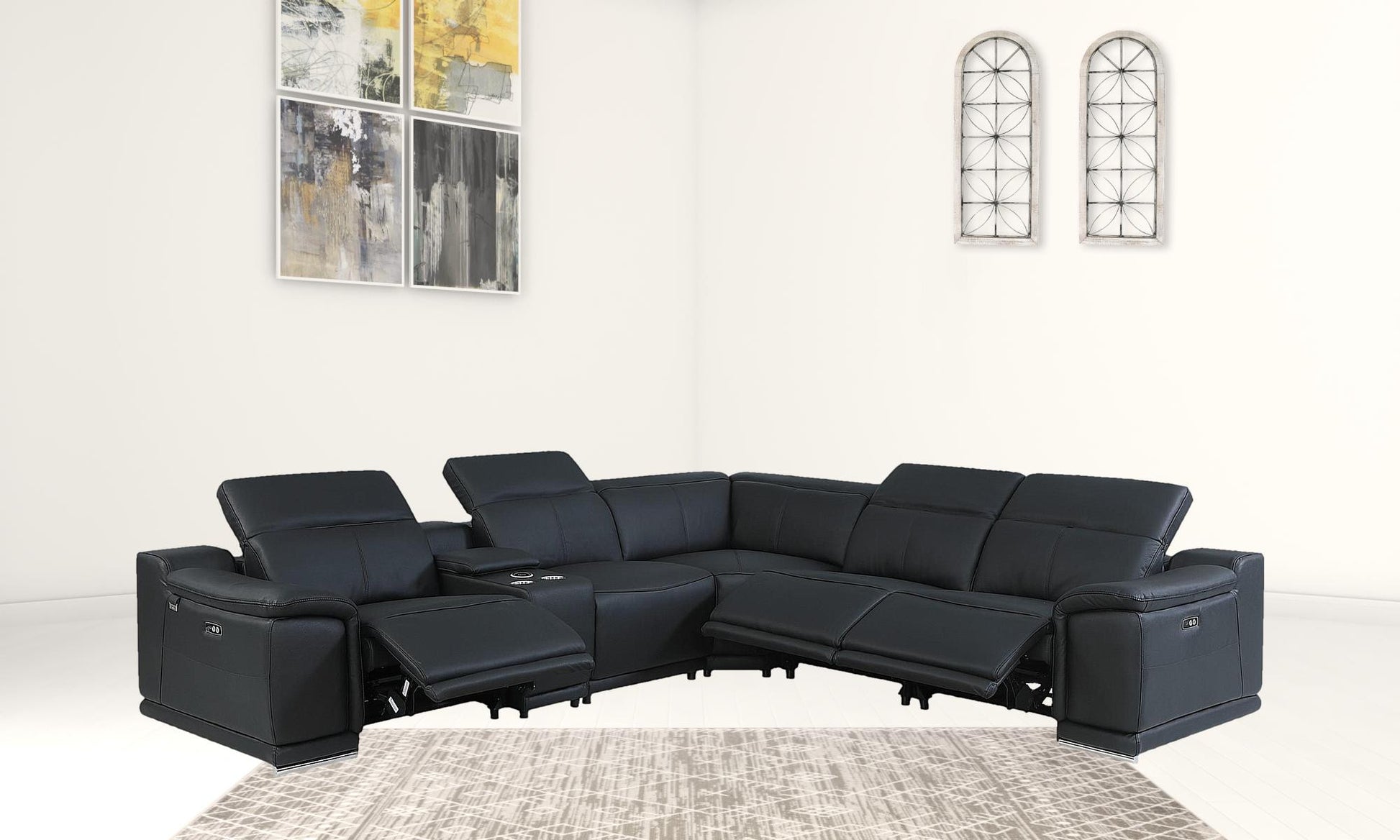 Black Italian Leather Power Reclining L Shaped Six Piece Corner Sectional With Console By Homeroots | Sectional | Modishstore - 3