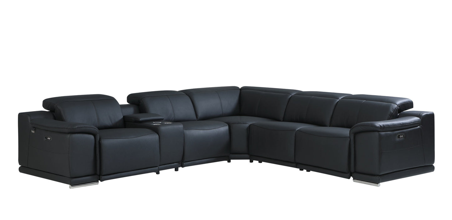 Black Italian Leather Power Reclining L Shaped Six Piece Corner Sectional With Console By Homeroots | Sectional | Modishstore - 2