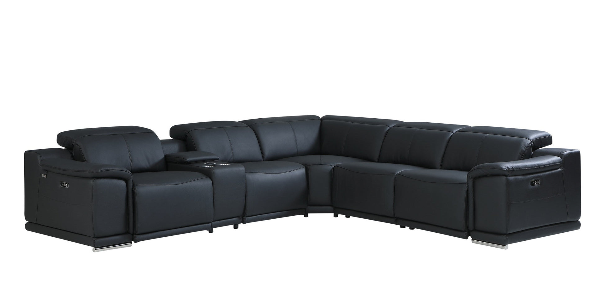 Black Italian Leather Power Reclining L Shaped Six Piece Corner Sectional With Console By Homeroots | Sectional | Modishstore - 2