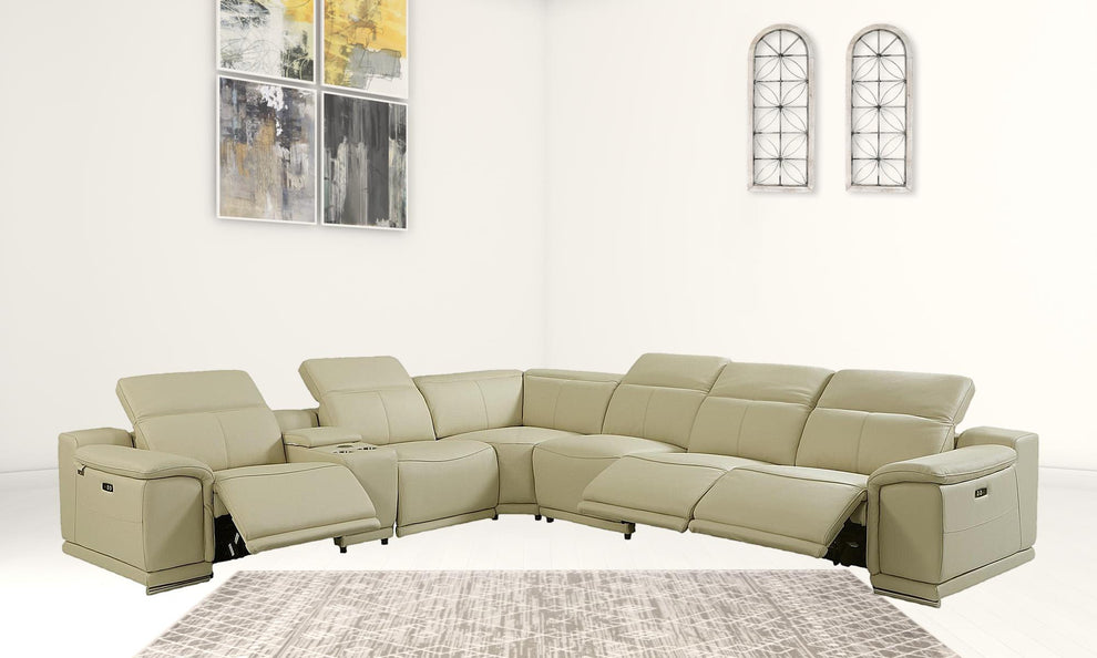 Beige Italian Leather Power Reclining L Shaped Seven Piece Corner Sectional With Console By Homeroots | Sectional | Modishstore - 6