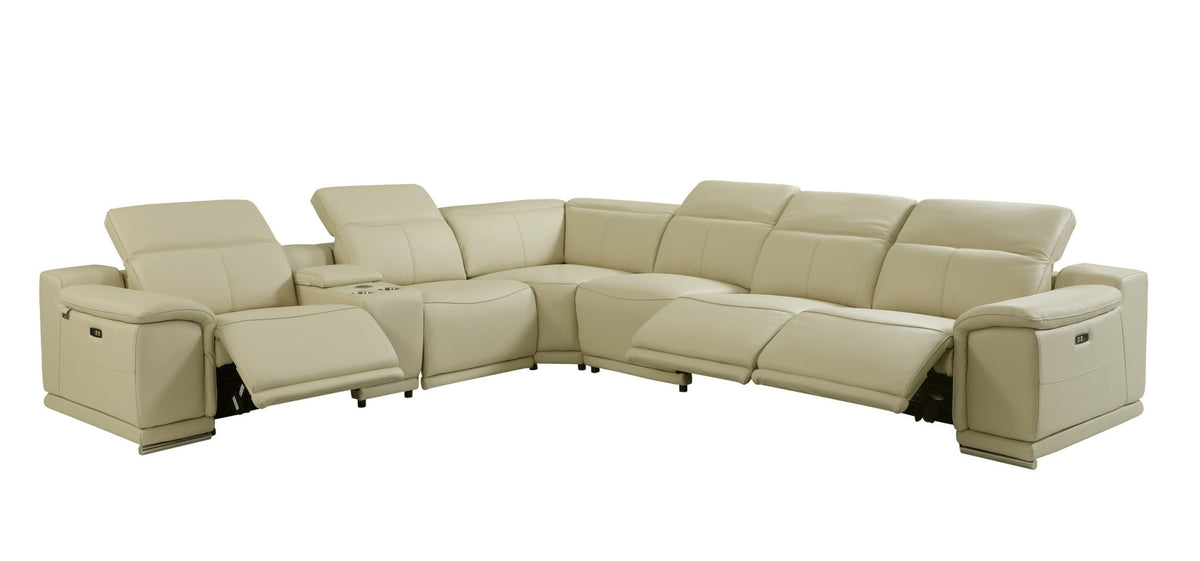 Beige Italian Leather Power Reclining L Shaped Seven Piece Corner Sectional With Console By Homeroots | Sectional | Modishstore