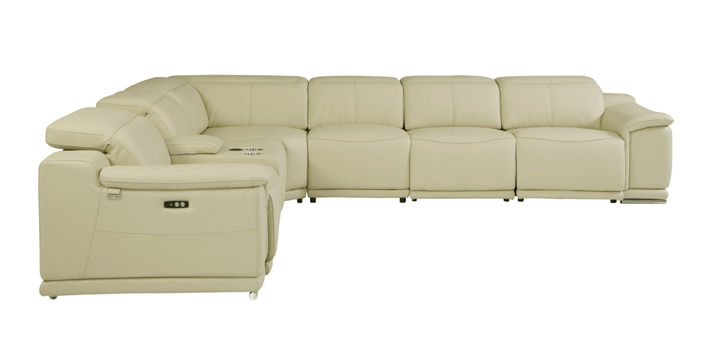 Beige Italian Leather Power Reclining L Shaped Seven Piece Corner Sectional With Console By Homeroots