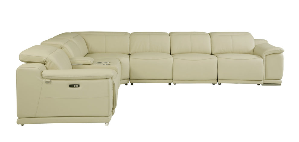 Beige Italian Leather Power Reclining L Shaped Seven Piece Corner Sectional With Console By Homeroots | Sectional | Modishstore - 3