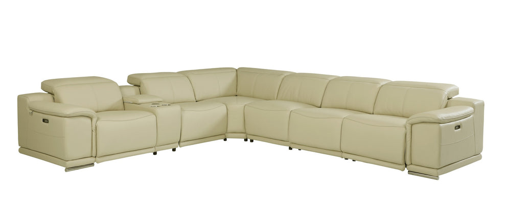 Beige Italian Leather Power Reclining L Shaped Seven Piece Corner Sectional With Console By Homeroots | Sectional | Modishstore - 4