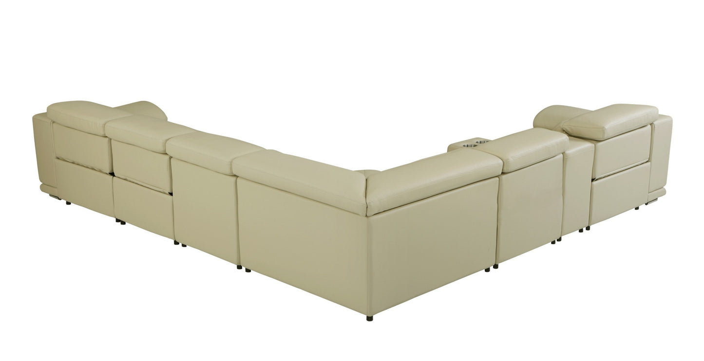 Beige Italian Leather Power Reclining L Shaped Seven Piece Corner Sectional With Console By Homeroots