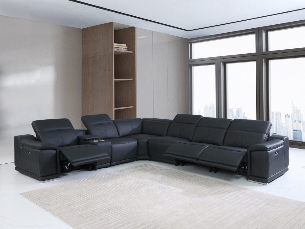 Black Italian Leather Power Reclining L Shaped Seven Piece Corner Sectional With Console By Homeroots | Sectional | Modishstore - 9