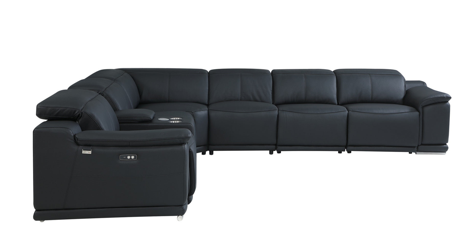 Black Italian Leather Power Reclining L Shaped Seven Piece Corner Sectional With Console By Homeroots | Sectional | Modishstore