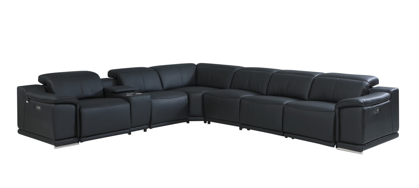 Black Italian Leather Power Reclining L Shaped Seven Piece Corner Sectional With Console By Homeroots | Sectional | Modishstore - 3