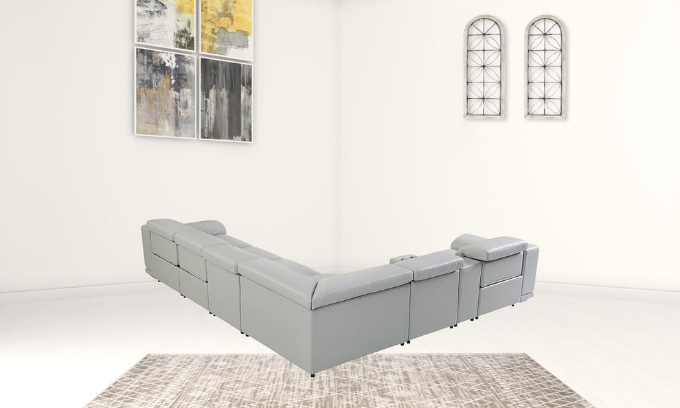 Light Gray Italian Leather Power Reclining L Shaped Seven Piece Corner Sectional With Console By Homeroots | Sectional | Modishstore - 4