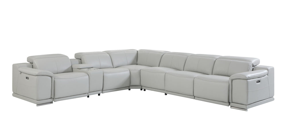 Light Gray Italian Leather Power Reclining L Shaped Seven Piece Corner Sectional With Console By Homeroots | Sectional | Modishstore - 2