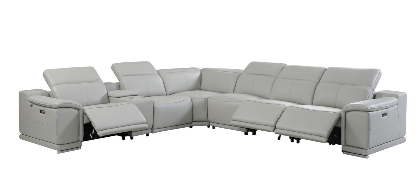 Light Gray Italian Leather Power Reclining L Shaped Seven Piece Corner Sectional With Console By Homeroots | Sectional | Modishstore - 6