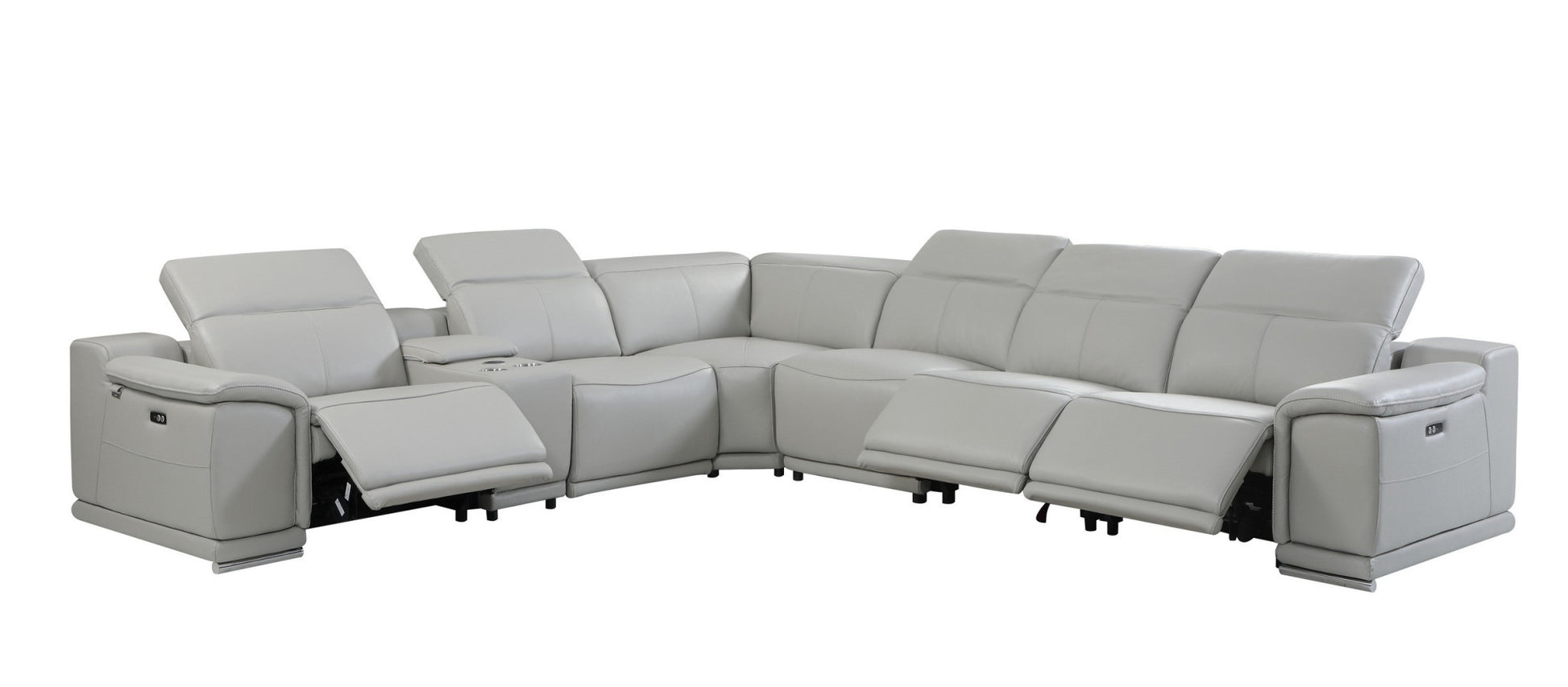 Light Gray Italian Leather Power Reclining L Shaped Seven Piece Corner Sectional With Console By Homeroots | Sectional | Modishstore - 6