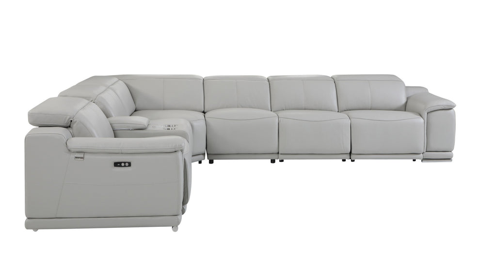 Light Gray Italian Leather Power Reclining L Shaped Seven Piece Corner Sectional With Console By Homeroots | Sectional | Modishstore - 3