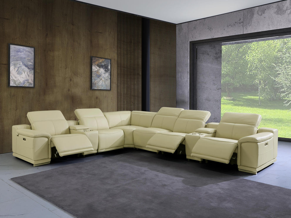 Beige Italian Leather Power Reclining L Shaped Eight Piece Corner Sectional With Console By Homeroots | Sectional | Modishstore - 9