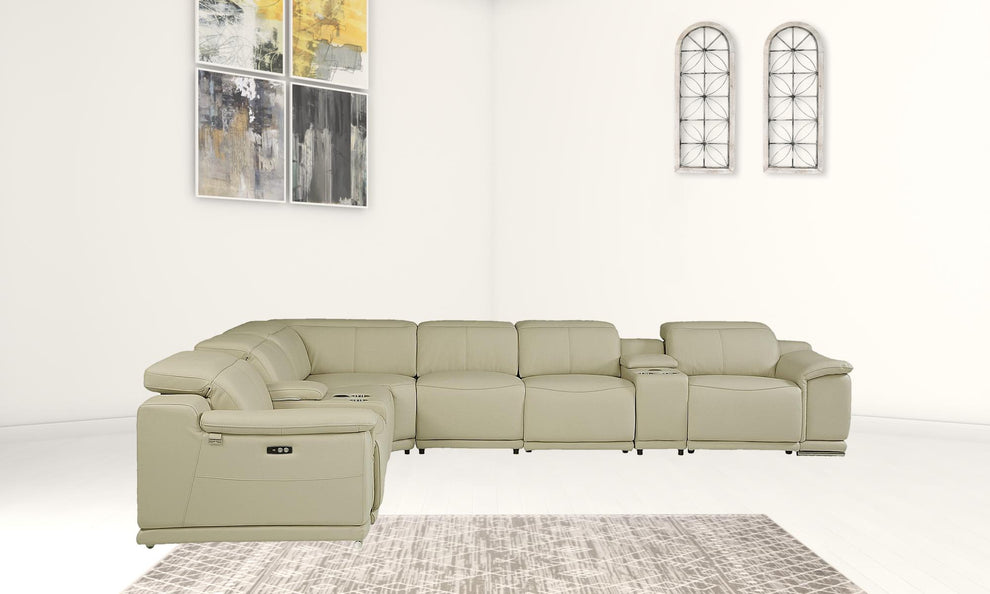 Beige Italian Leather Power Reclining L Shaped Eight Piece Corner Sectional With Console By Homeroots | Sectional | Modishstore - 3