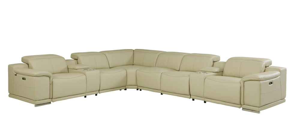 Beige Italian Leather Power Reclining L Shaped Eight Piece Corner Sectional With Console By Homeroots | Sectional | Modishstore - 4