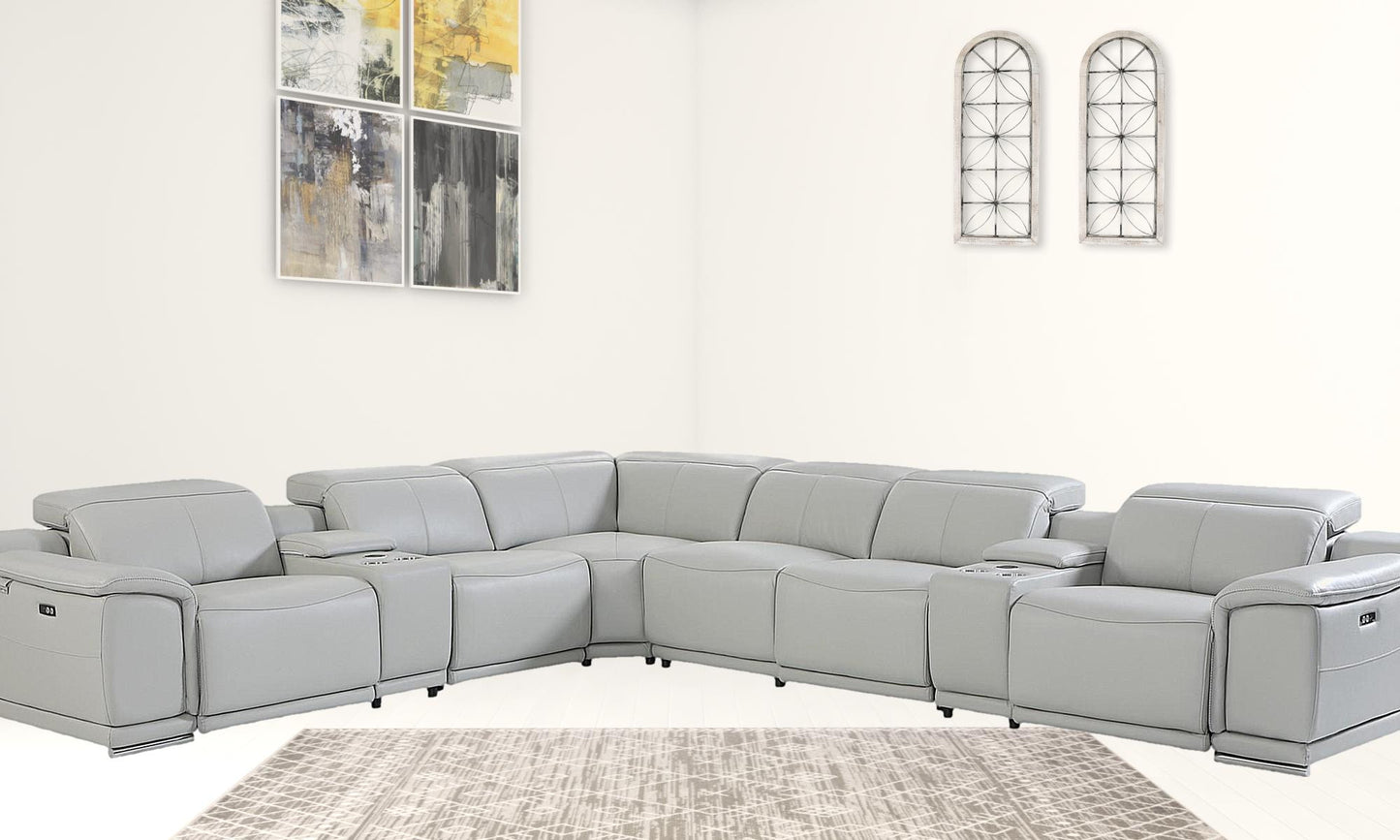 Light Gray Italian Leather Power Reclining L Shaped Eight Piece Corner Sectional With Console By Homeroots | Sectional | Modishstore - 4