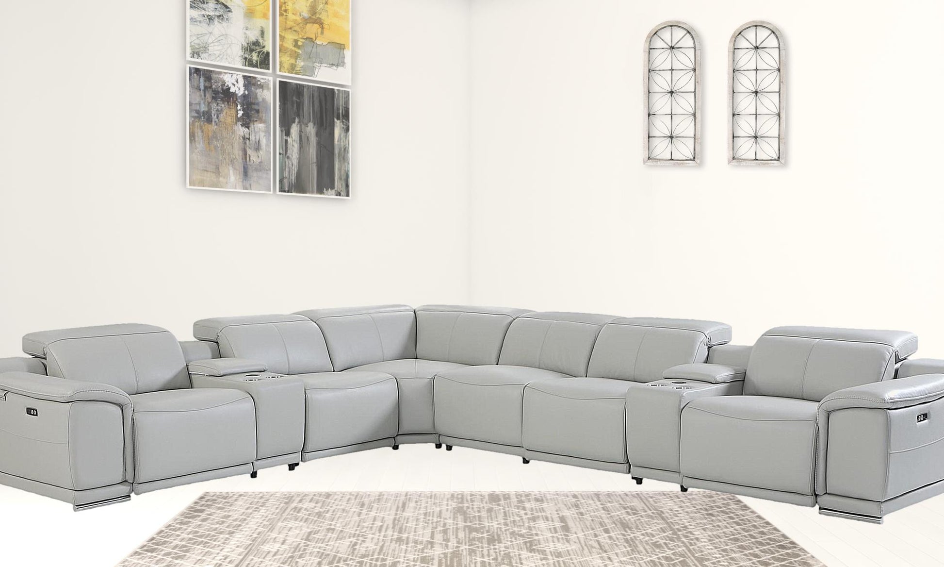 Light Gray Italian Leather Power Reclining L Shaped Eight Piece Corner Sectional With Console By Homeroots | Sectional | Modishstore - 4