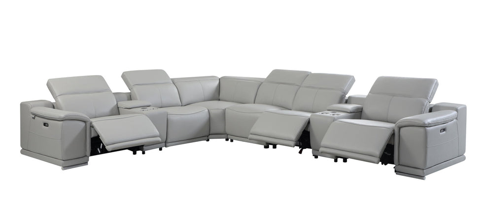 Light Gray Italian Leather Power Reclining L Shaped Eight Piece Corner Sectional With Console By Homeroots | Sectional | Modishstore - 6