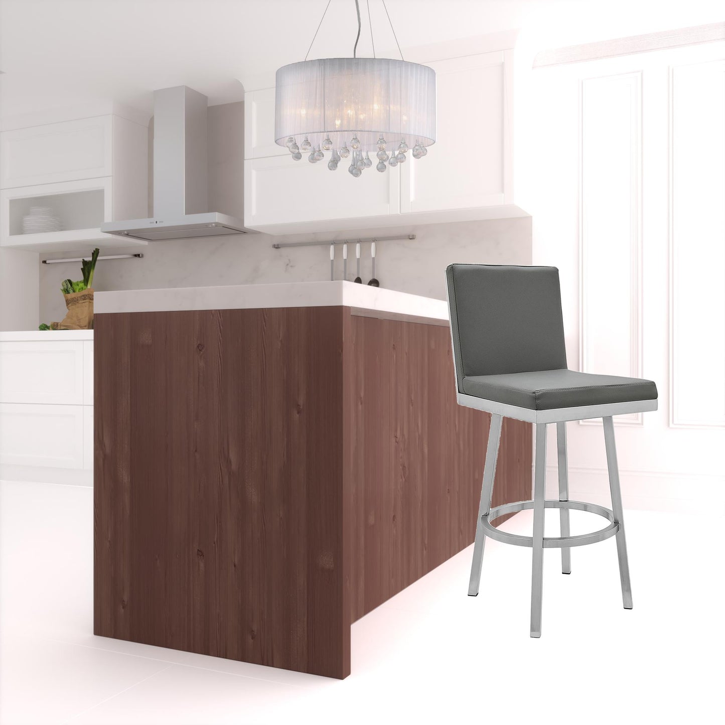 44" Gray Faux Leather And Iron Swivel Bar Height Chair By Homeroots | Bar Stools | Modishstore - 4