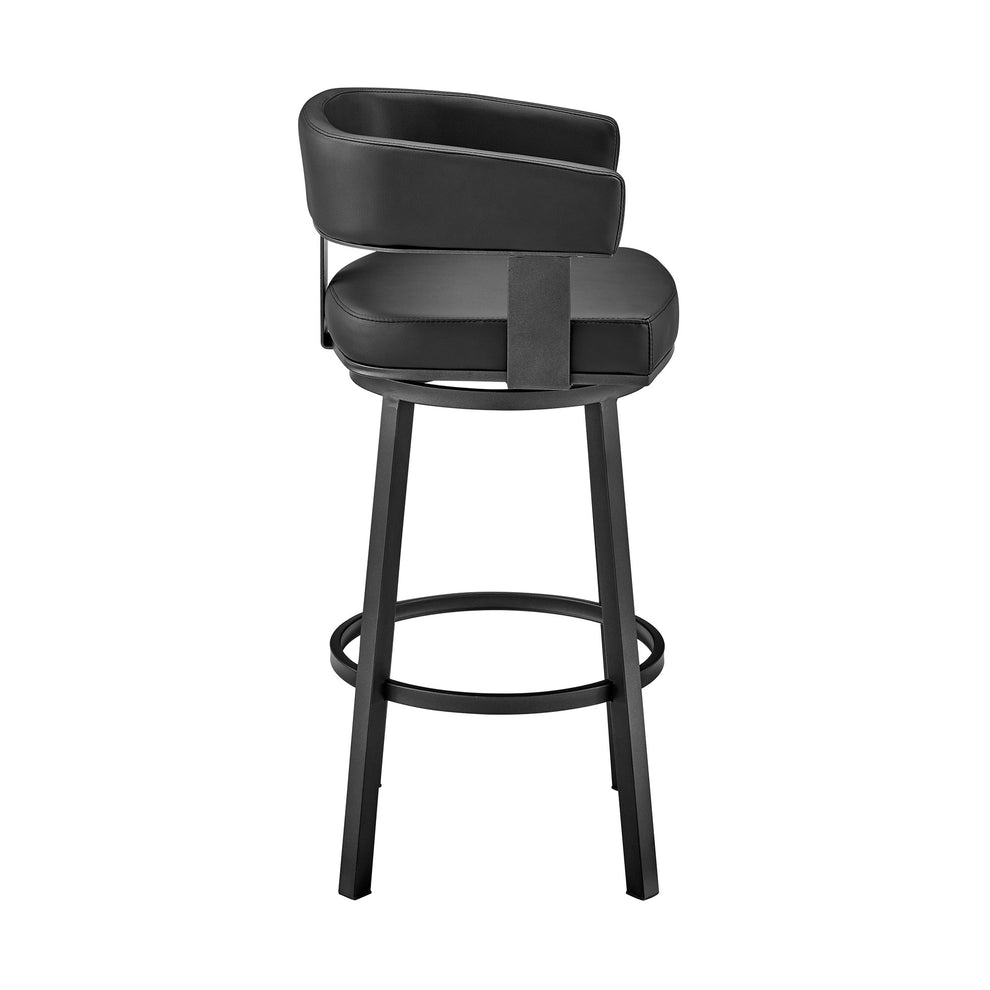 38" Black Faux Leather And Iron Swivel Low Back Bar Height Chair By Homeroots | Bar Stools | Modishstore - 3