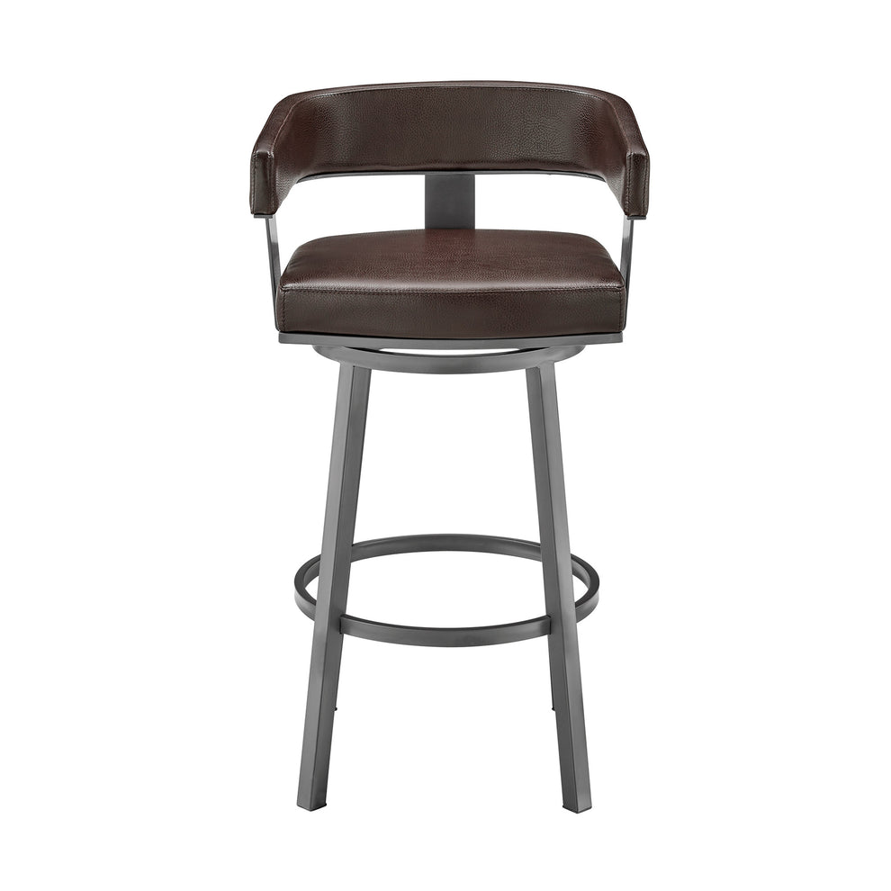 38" Chocolate Faux Leather And Iron Swivel Low Back Bar Height Chair By Homeroots | Bar Stools | Modishstore - 2