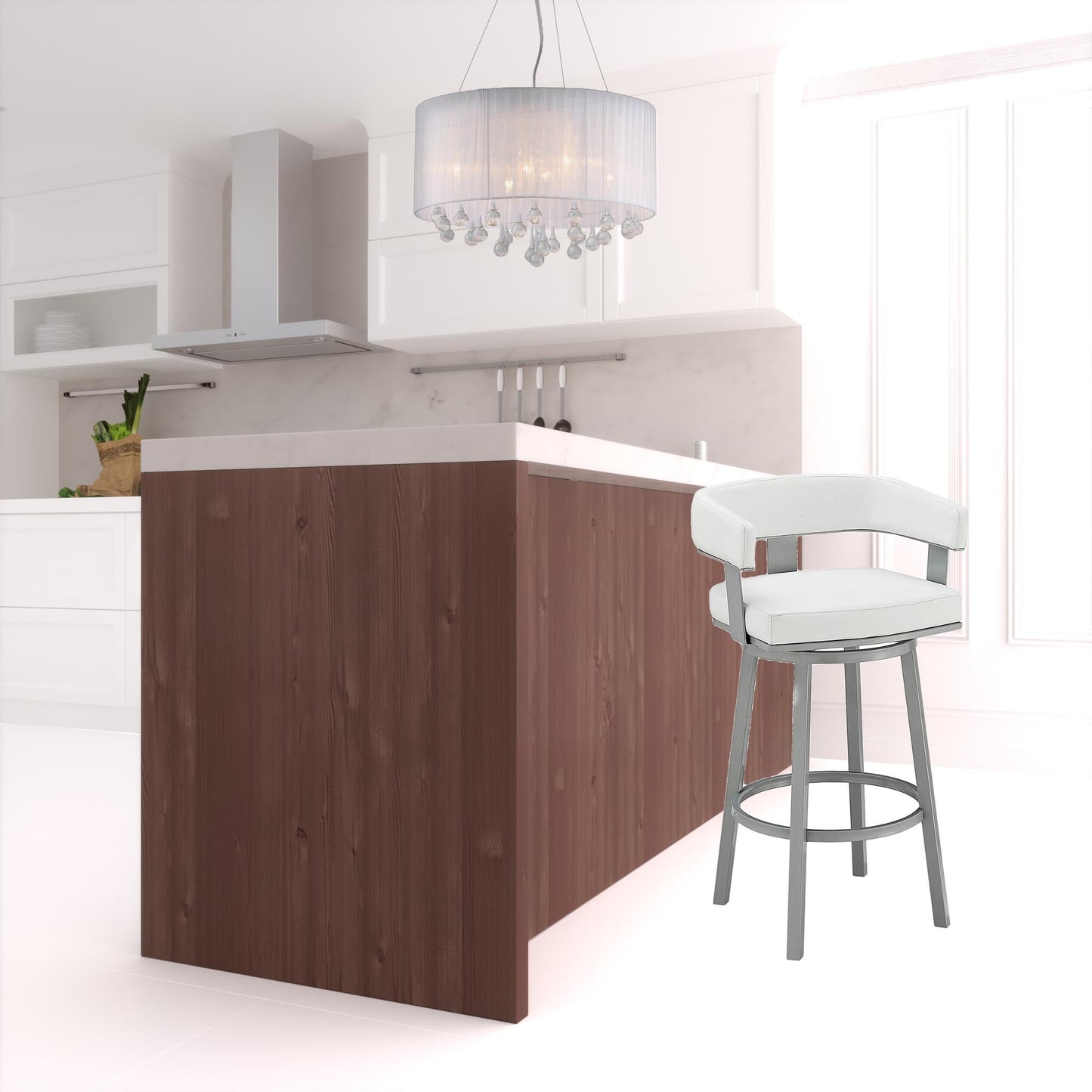 38" White Faux Leather And Iron Swivel Low Back Bar Height Chair By Homeroots | Bar Stools | Modishstore - 6