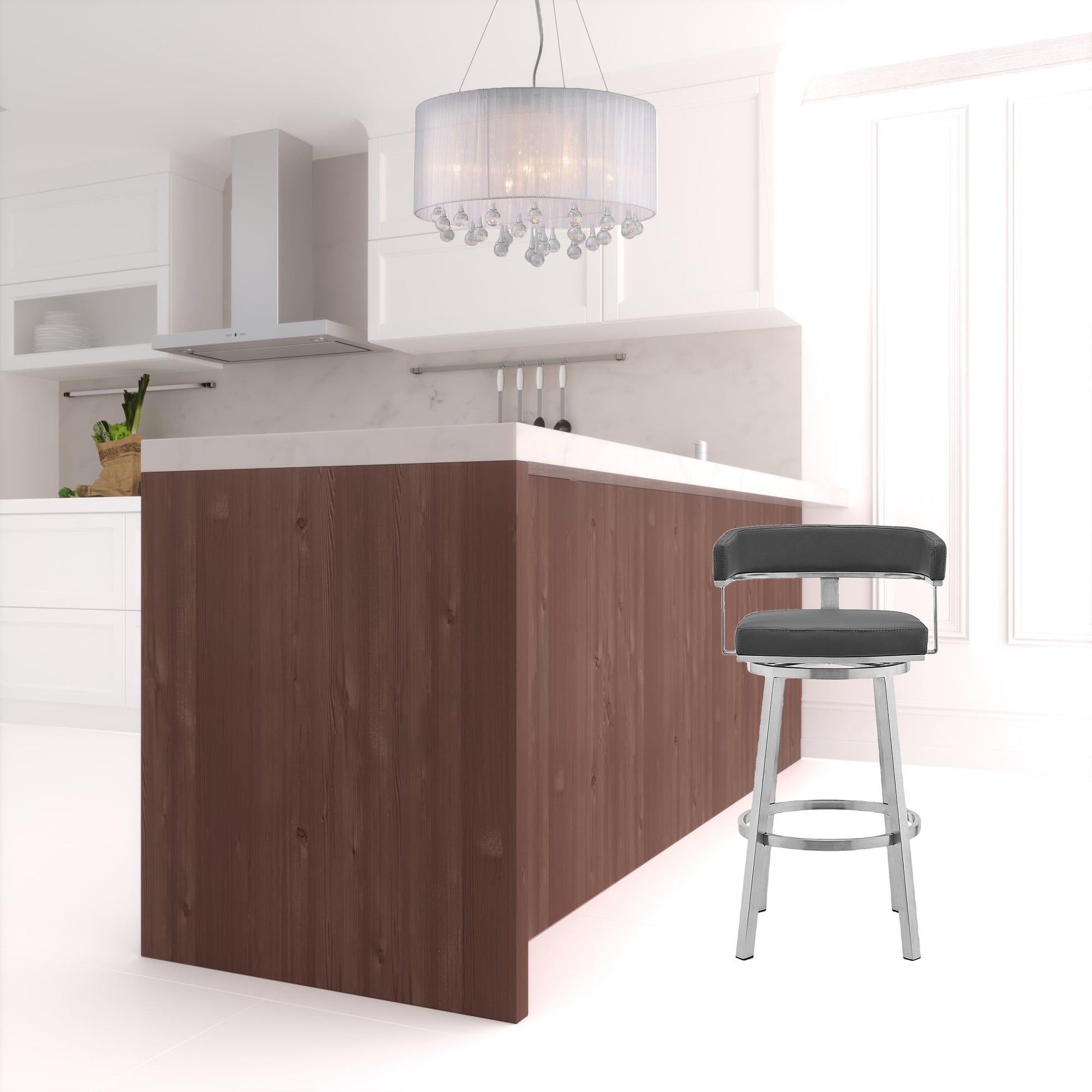 34" Gray And Silver Faux Leather And Iron Swivel Low Back Counter Height Bar Chair With Footrest By Homeroots | Bar Stools | Modishstore - 5