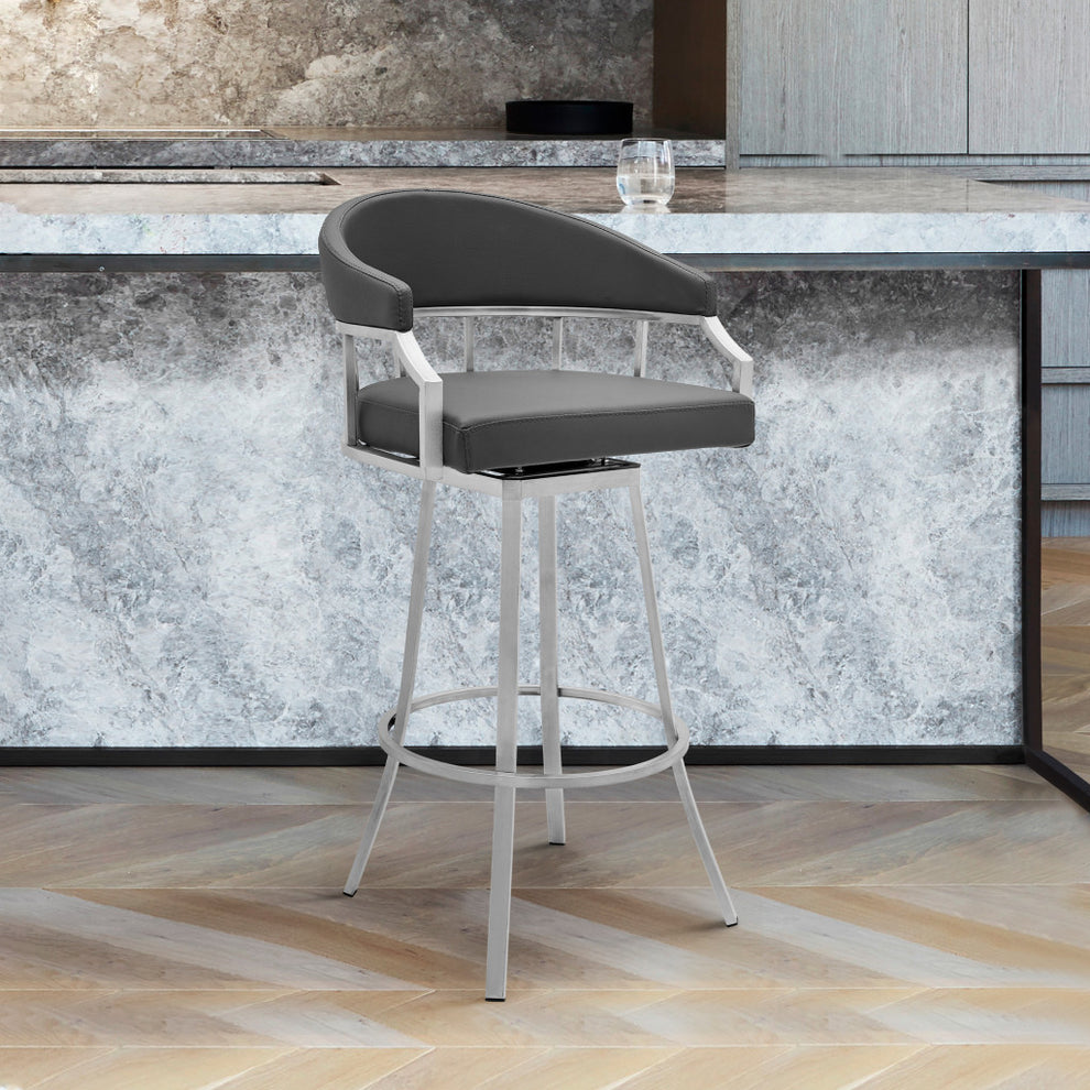 36" Gray Faux Leather And Iron Swivel Low Back Counter Height Bar Chair By Homeroots | Bar Stools | Modishstore - 8