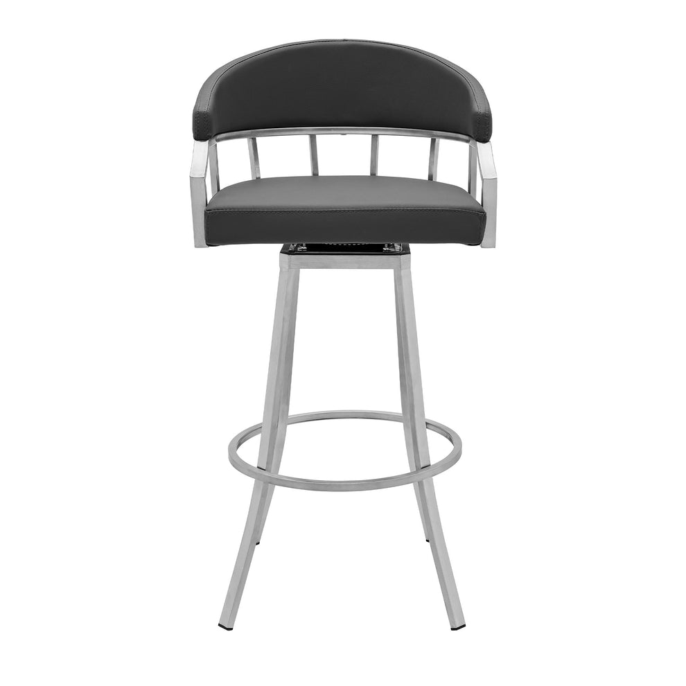 40" Gray Faux Leather And Iron Swivel Low Back Bar Height Chair By Homeroots | Bar Stools | Modishstore - 2