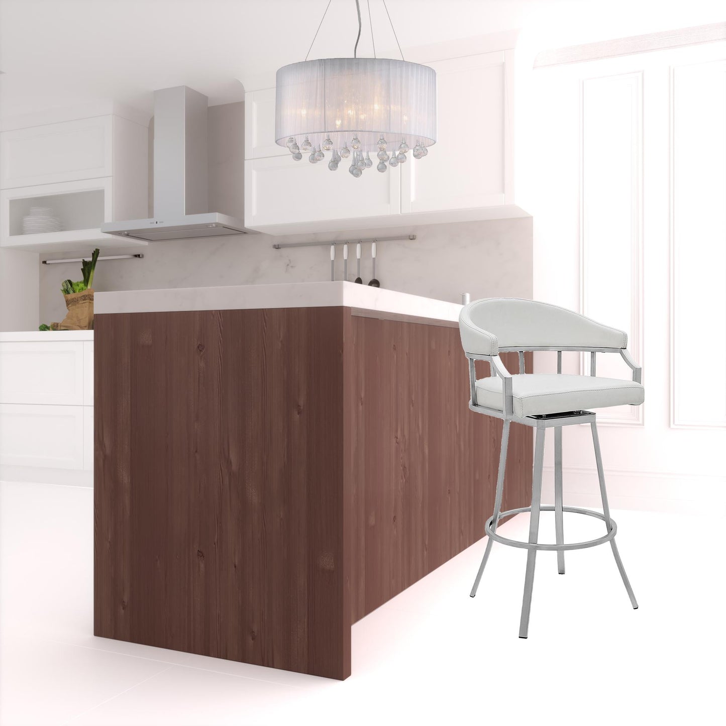 40" White Faux Leather And Iron Swivel Low Back Bar Height Chair By Homeroots | Bar Stools | Modishstore - 4