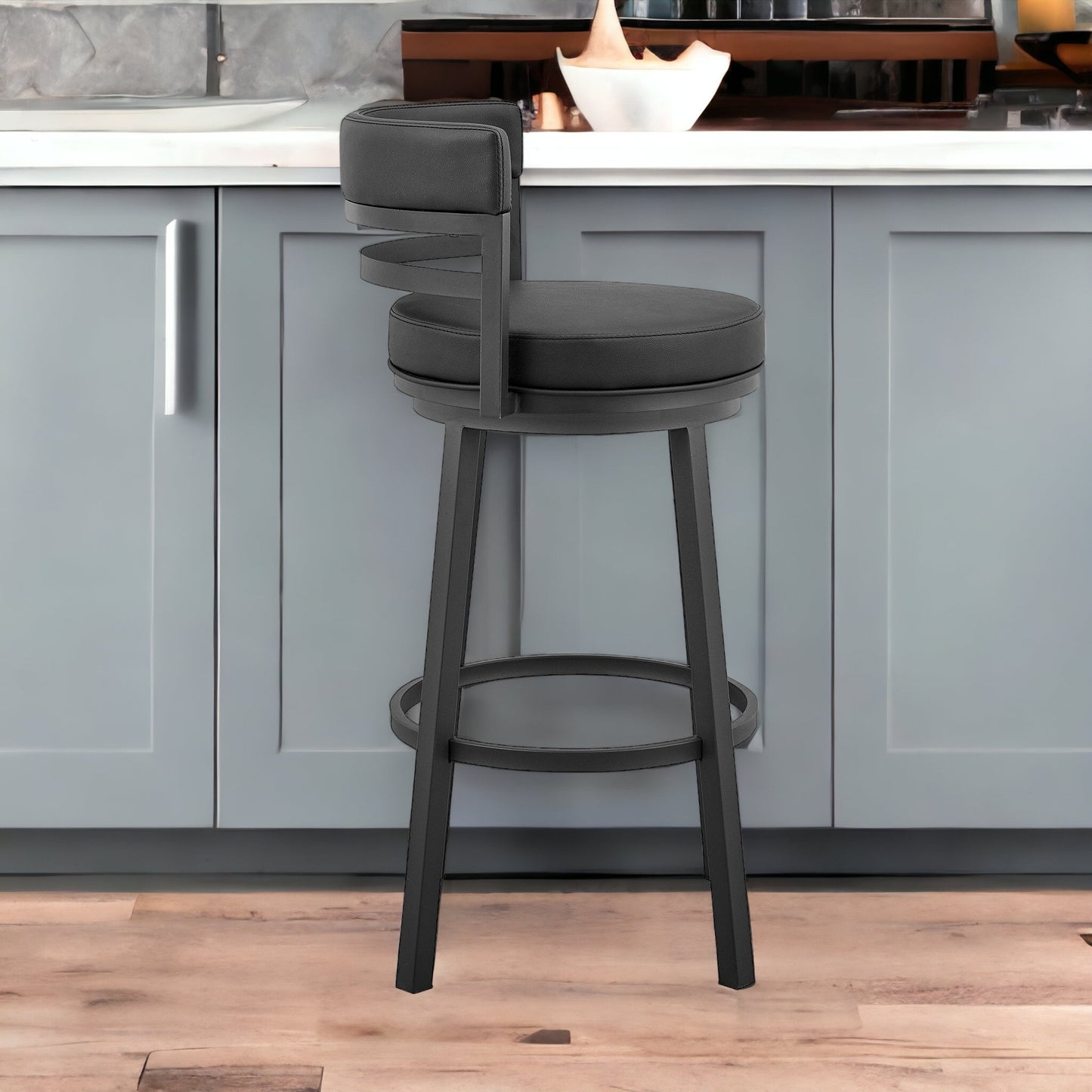 30" Black Faux Leather And Iron Swivel Low Back Bar Height Bar Chair With Footrest By Homeroots | Bar Stools | Modishstore