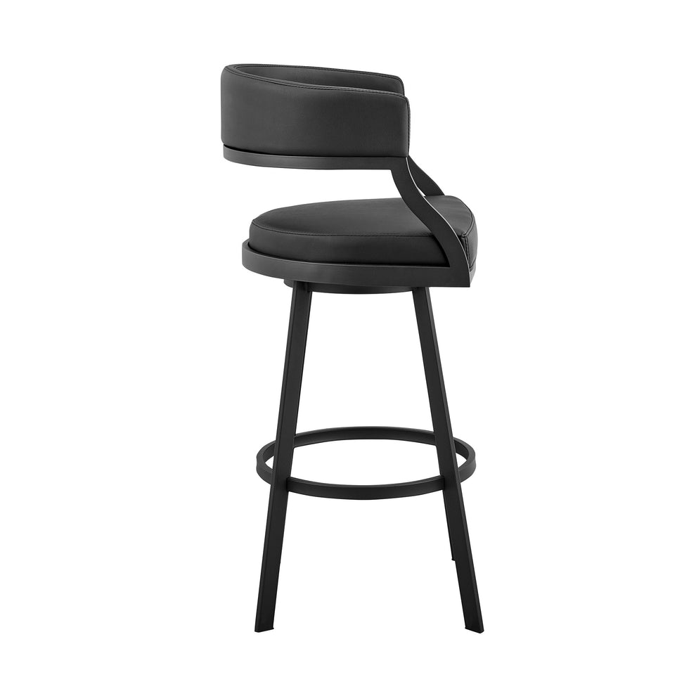39" Black Faux Leather And Iron Swivel Low Back Bar Height Chair By Homeroots | Bar Stools | Modishstore - 3