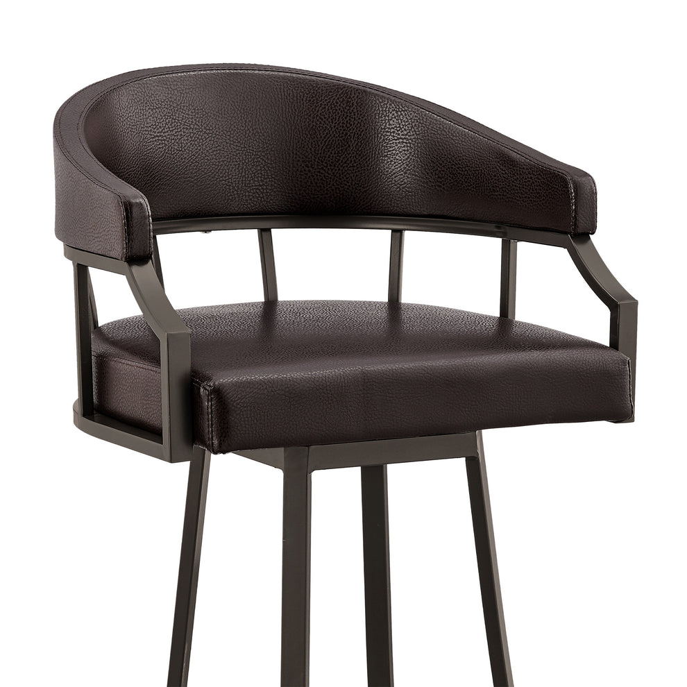 40" Brown Faux Leather And Iron Swivel Low Back Bar Height Chair By Homeroots | Bar Stools | Modishstore - 5