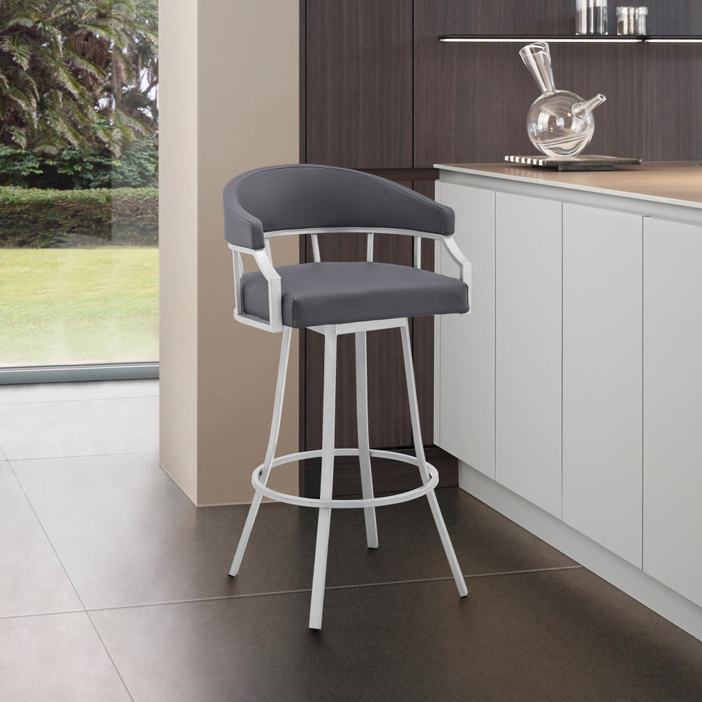 40" Slate Grey Faux Leather And Iron Swivel Low Back Bar Height Chair By Homeroots | Bar Stools | Modishstore - 5