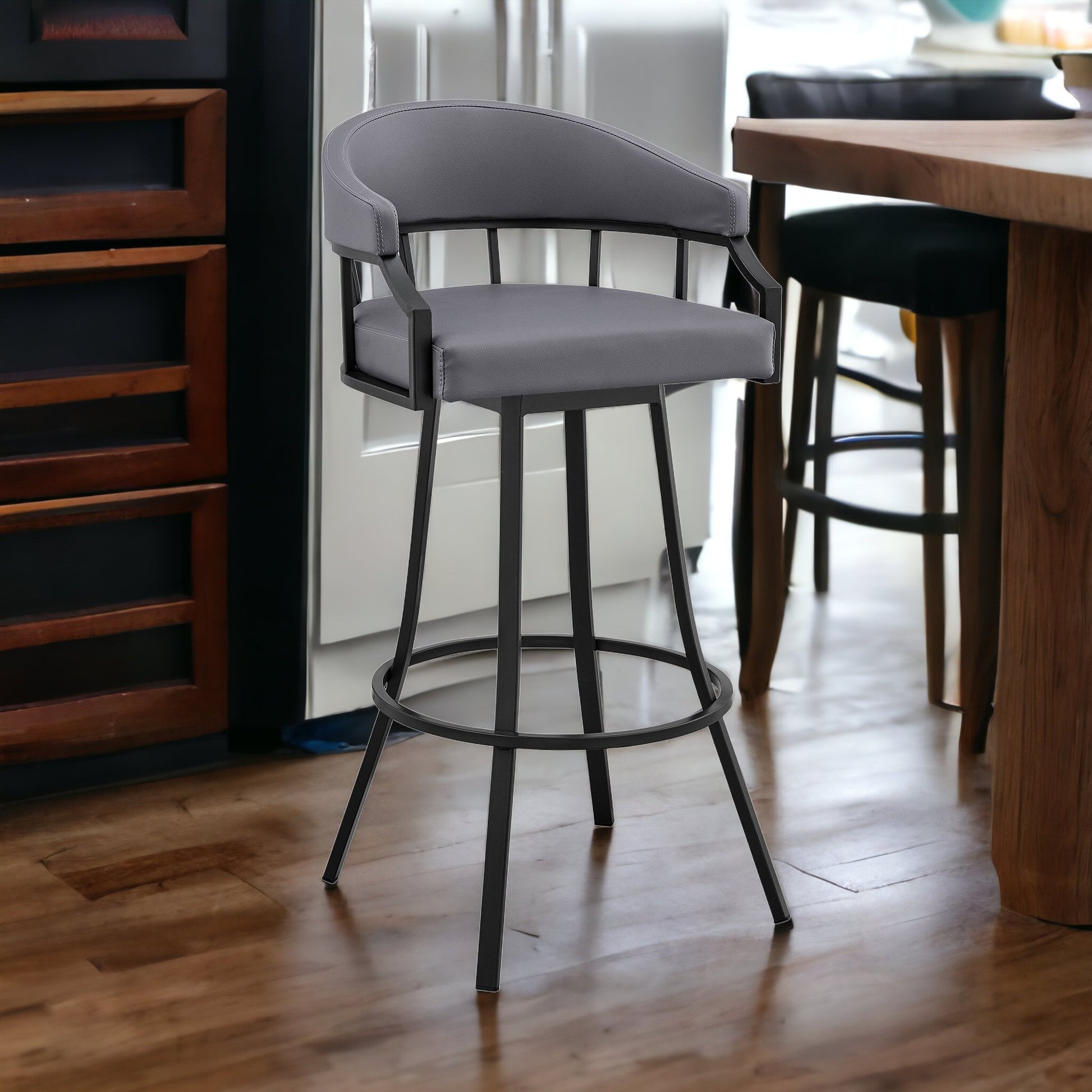 26" Slate Gray and Black Faux Leather and Steel Swivel Low Back Counter Height Bar Chair with Footrest By Homeroots | Bar Stools | Modishstore