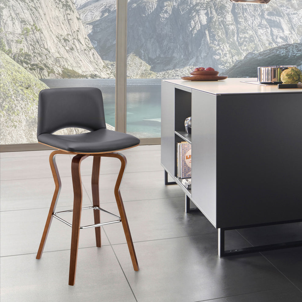 36" Gray Faux Leather And Manufactured Wood Swivel Low Back Counter Height Bar Chair By Homeroots | Bar Stools | Modishstore - 9