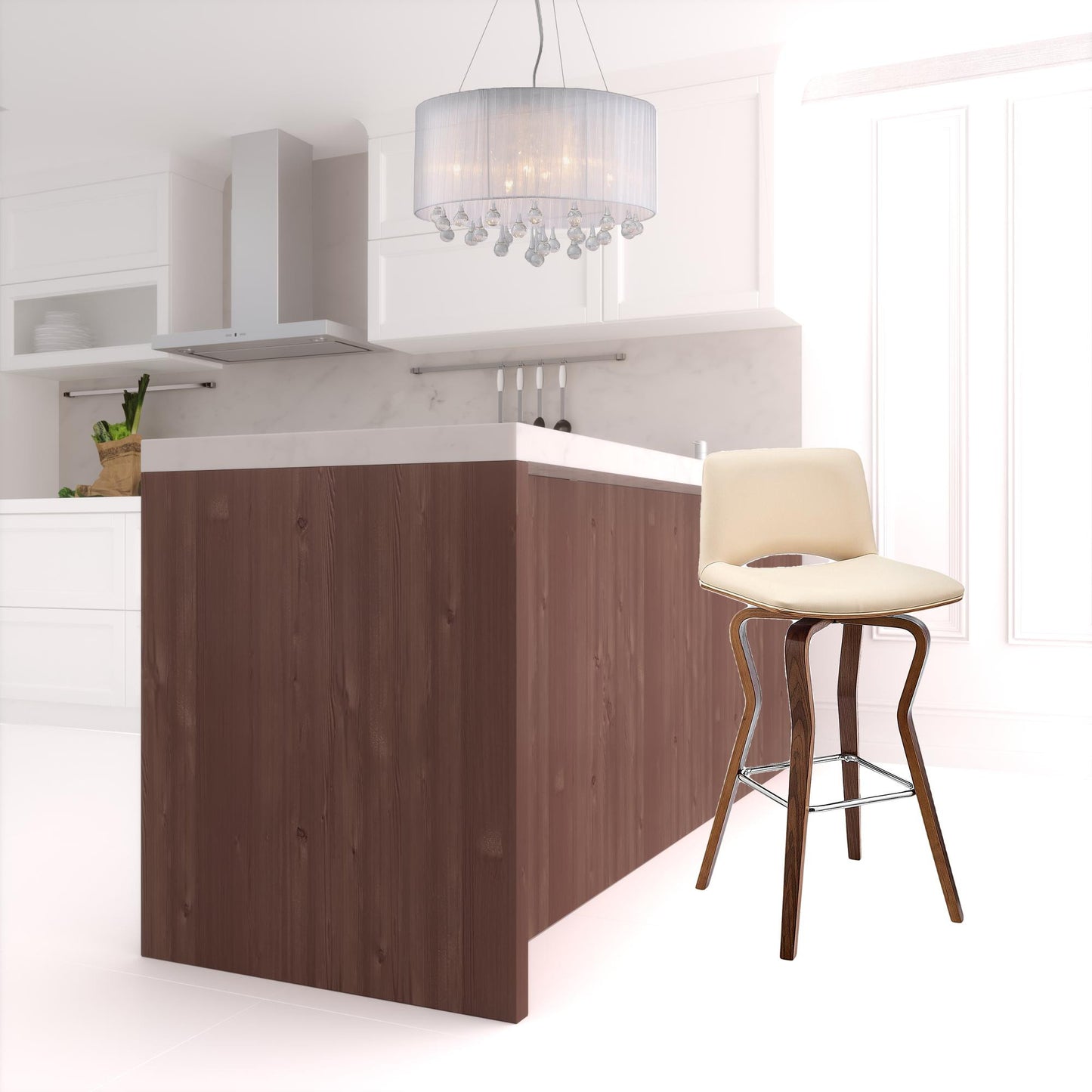 40" Cream Faux Leather And Manufactured Wood Swivel Low Back Bar Height Chair By Homeroots | Bar Stools | Modishstore - 2