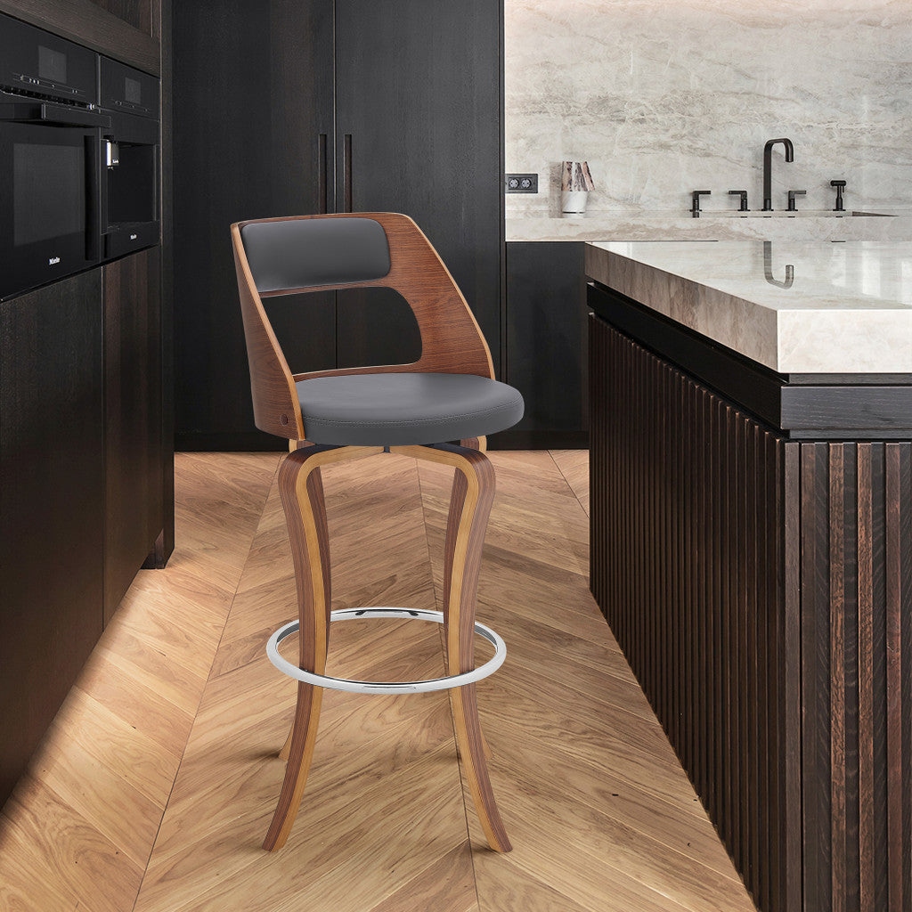 35" Gray Faux Leather And Manufactured Wood Swivel Counter Height Bar Chair By Homeroots | Bar Stools | Modishstore