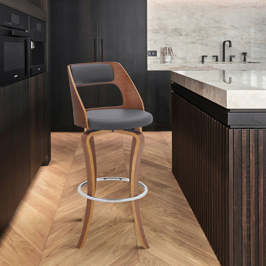 35" Gray Faux Leather And Manufactured Wood Swivel Counter Height Bar Chair By Homeroots | Bar Stools | Modishstore