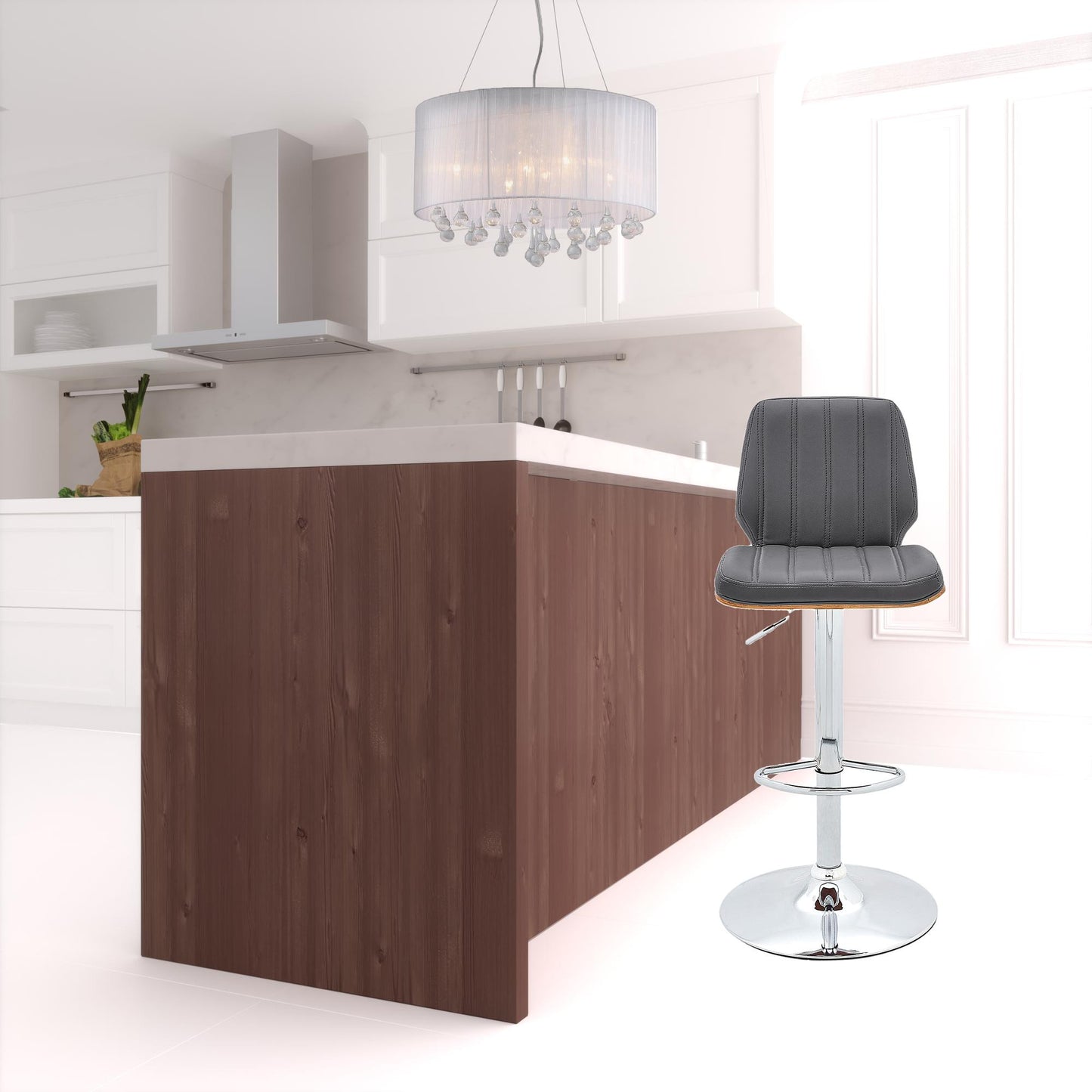 44" Gray Faux Leather And Manufactured Wood Swivel Adjustable Height Bar Chair By Homeroots | Bar Stools | Modishstore - 2