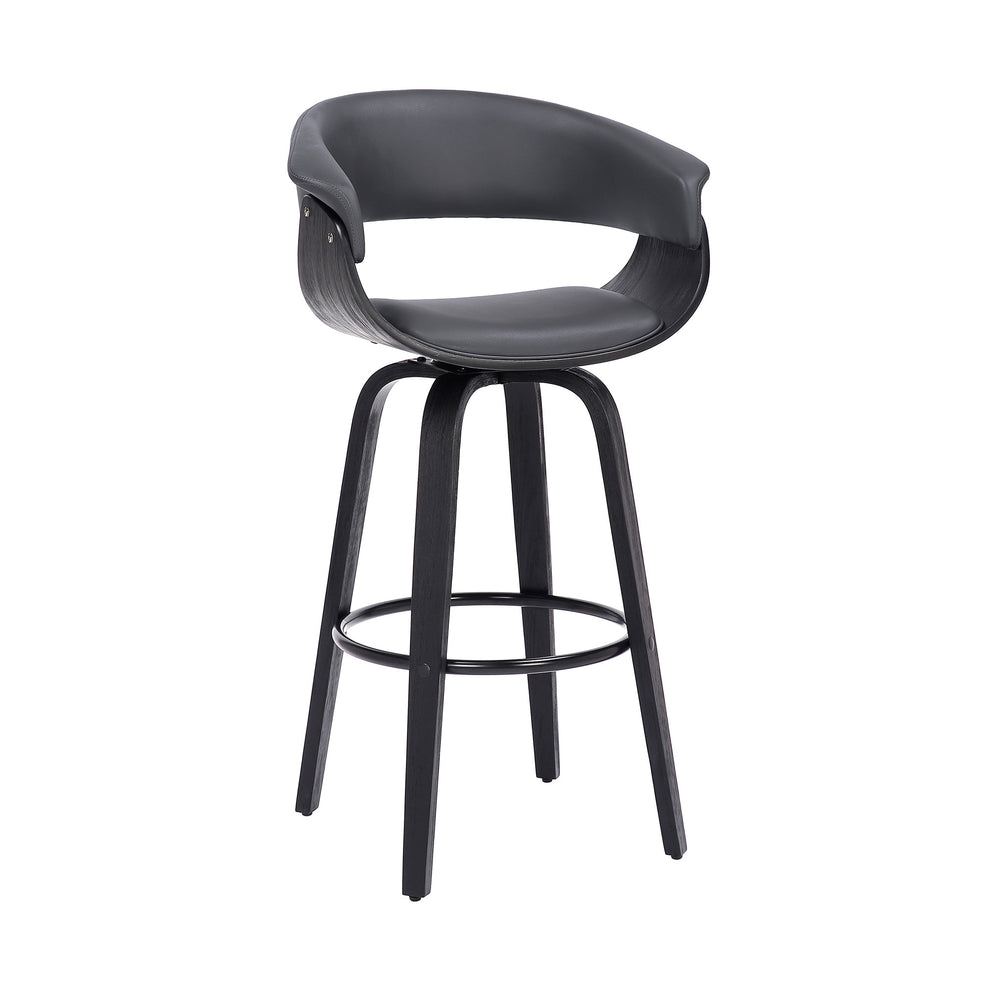 31" Gray And Black Faux Leather And Solid Wood Swivel Low Back Bar Height Bar Chair With Footrest By Homeroots | Bar Stools | Modishstore - 2
