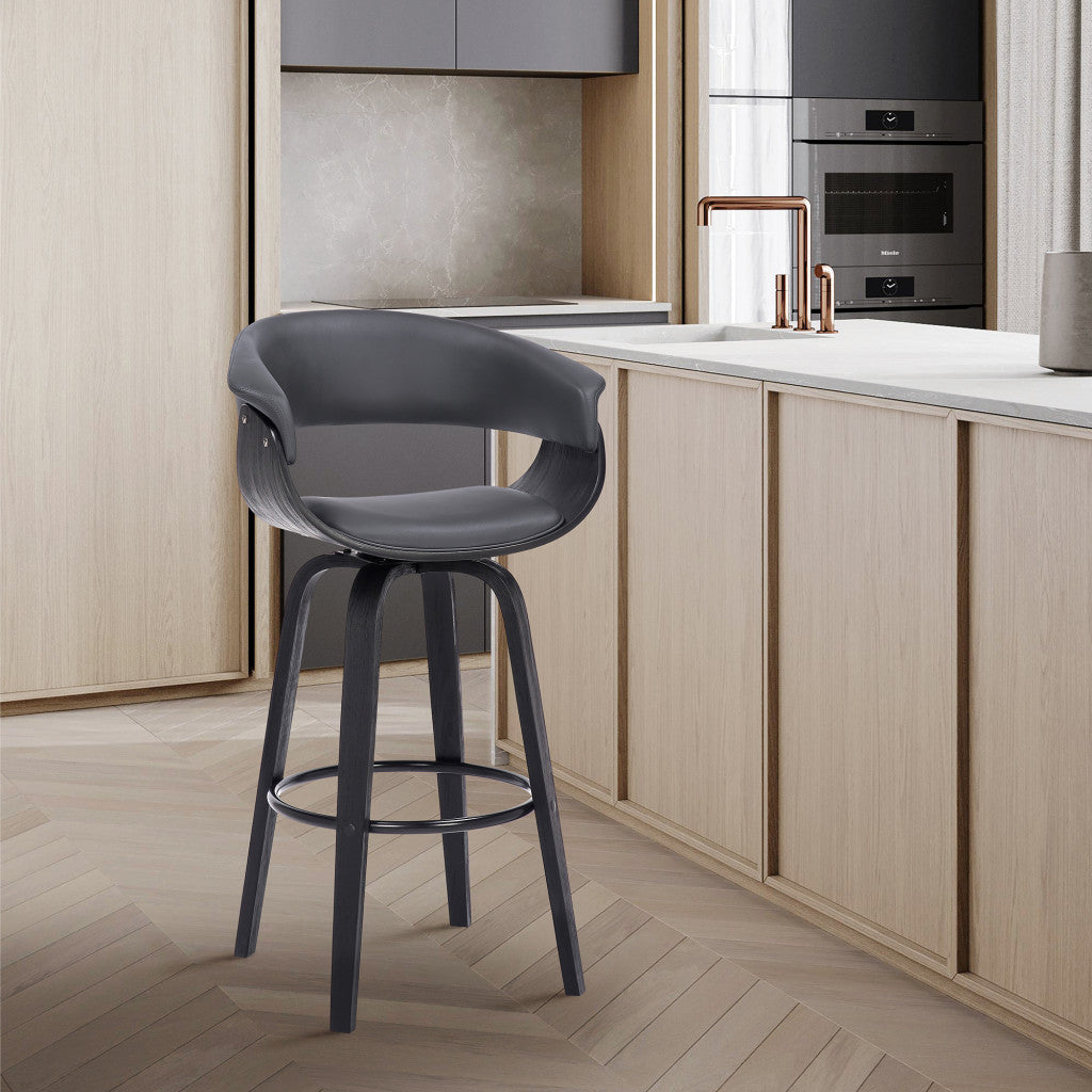 31" Gray And Black Faux Leather And Solid Wood Swivel Low Back Bar Height Bar Chair With Footrest By Homeroots | Bar Stools | Modishstore