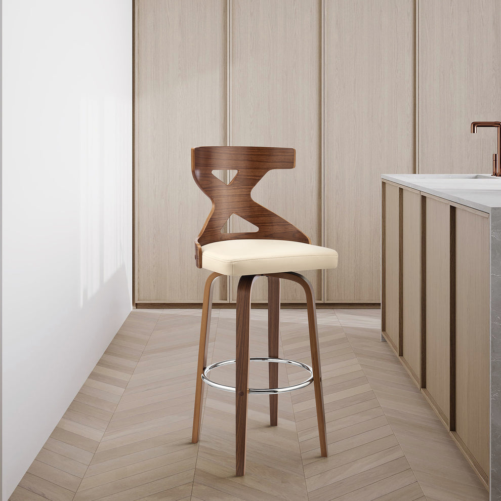 40" Cream Faux Leather And Wood Swivel Counter Height Bar Chair By Homeroots | Bar Stools | Modishstore - 9